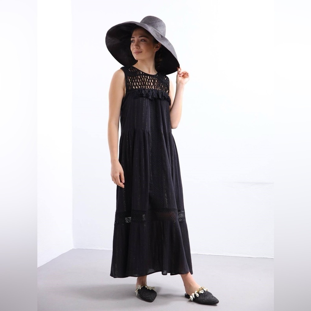 Anthropologie Womens Maeve Abilene Black Maxi Sleeveless Dress Crochet Small